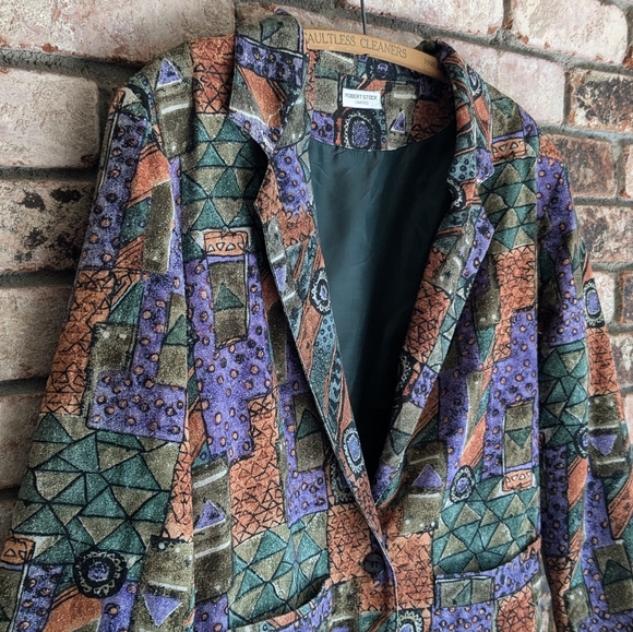 ๐ Robert Stock Limited Abstract Geometric Earthtone Blazer 100% Silk - Picture 2 of 9